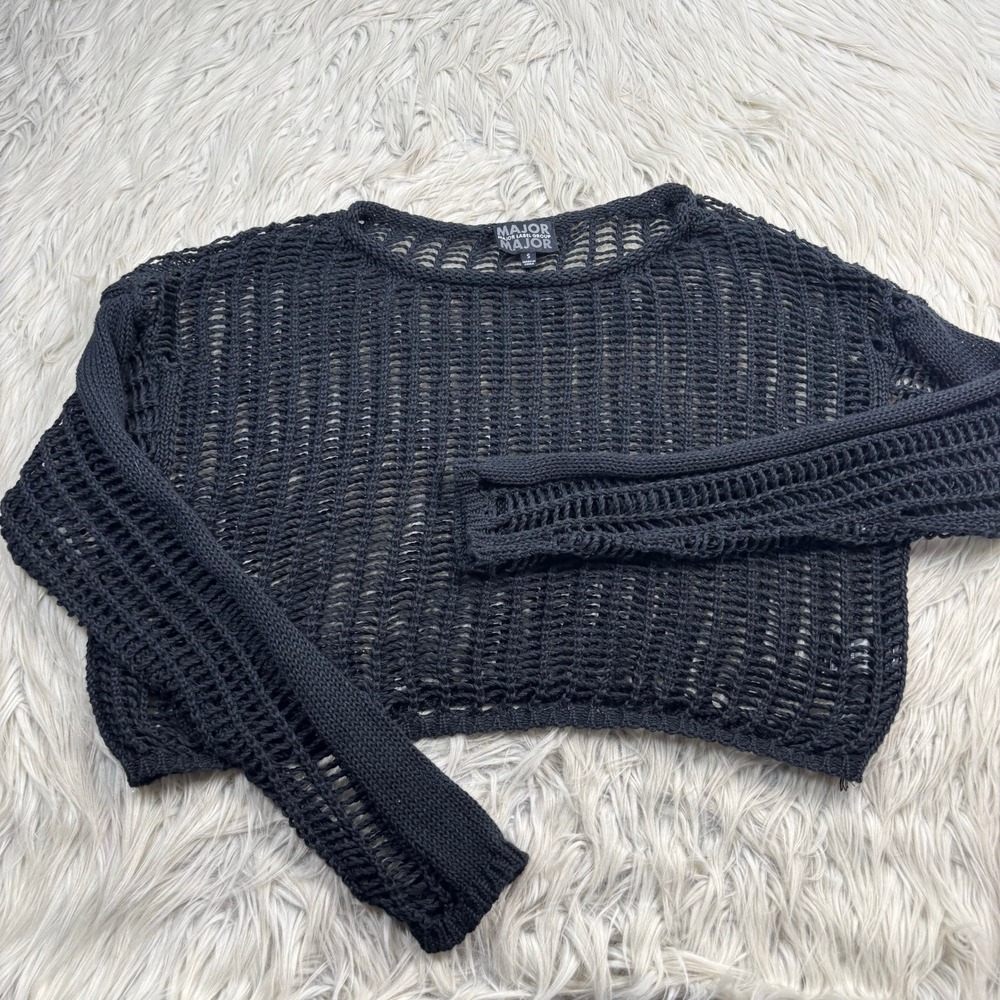 Major Label Group Women's S Black Open Knit Cropped Sweater Goth Alt Grunge